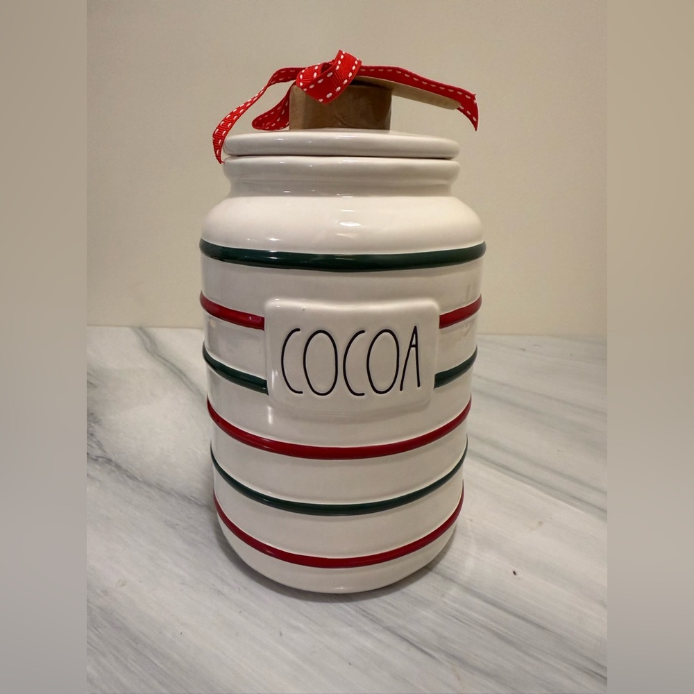 Rae Dunn White Cocoa Canister with Red and Green Stripes